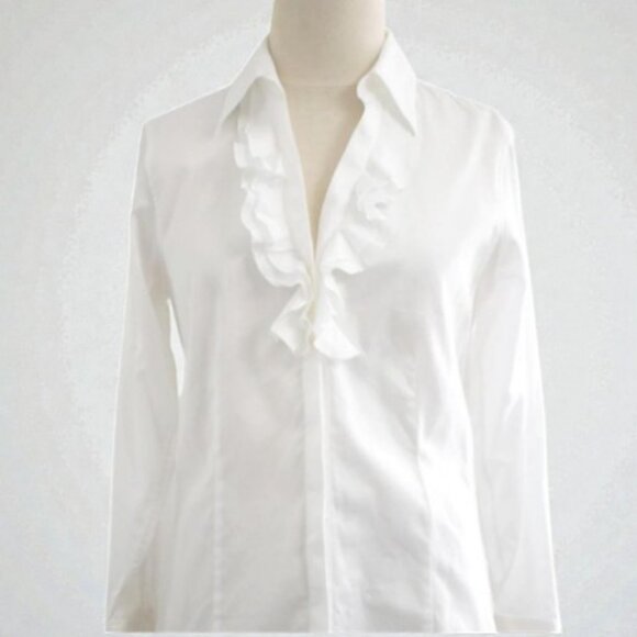 Brooks Brothers 346 long sleeve ruffled neck button up top white women's size 8 - Picture 1 of 6